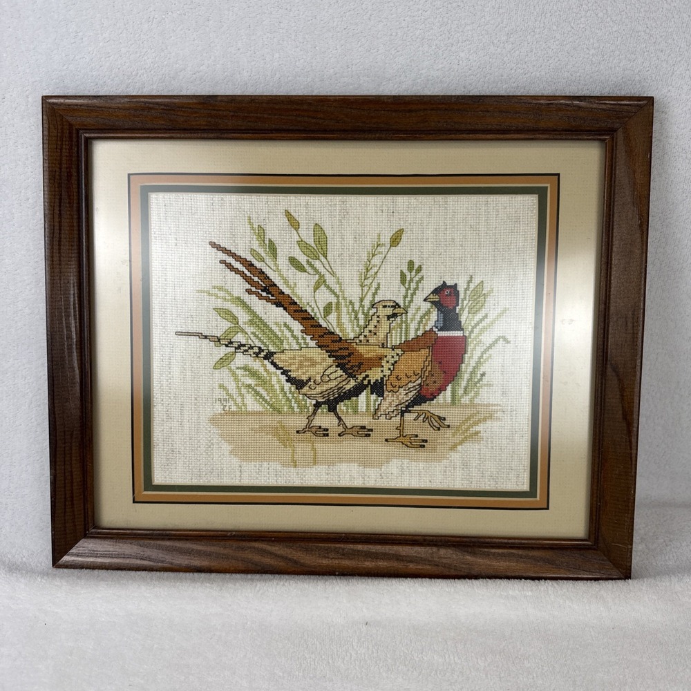 Needlepoint Framed Pheasants Cream Vintage Matte Wood Frame 15.5" X 12.75"